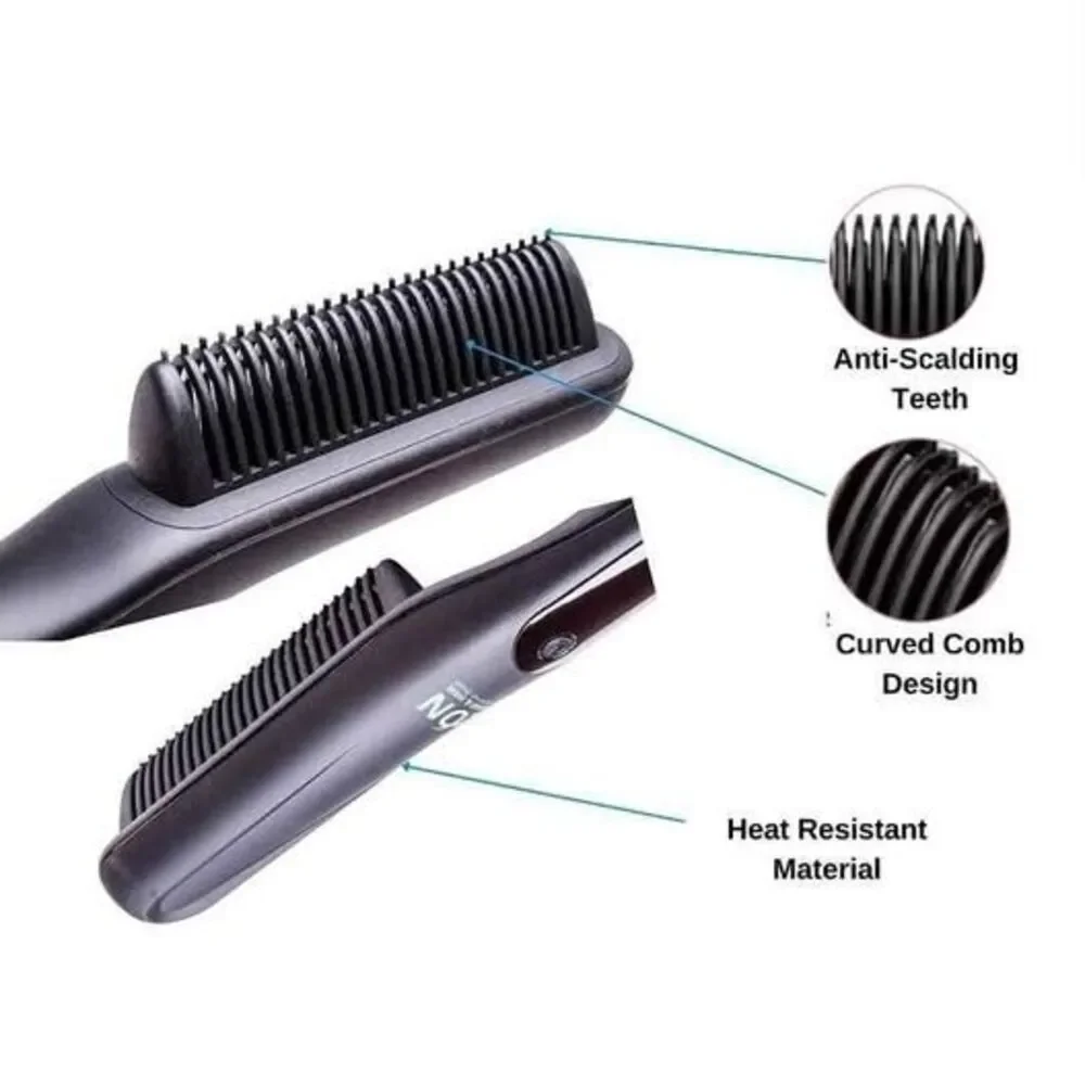 Ion Tourmaline Ceramic Beard & Hair Straightener Brush – Anti-Scald – New